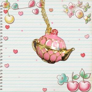 Teapot Locket Opens Pink Enamel Sparkly Cherry Necklace